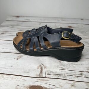 Clarks Bendables Caged Wedge Sandals Navy Blue Leather Comfort 9.5M